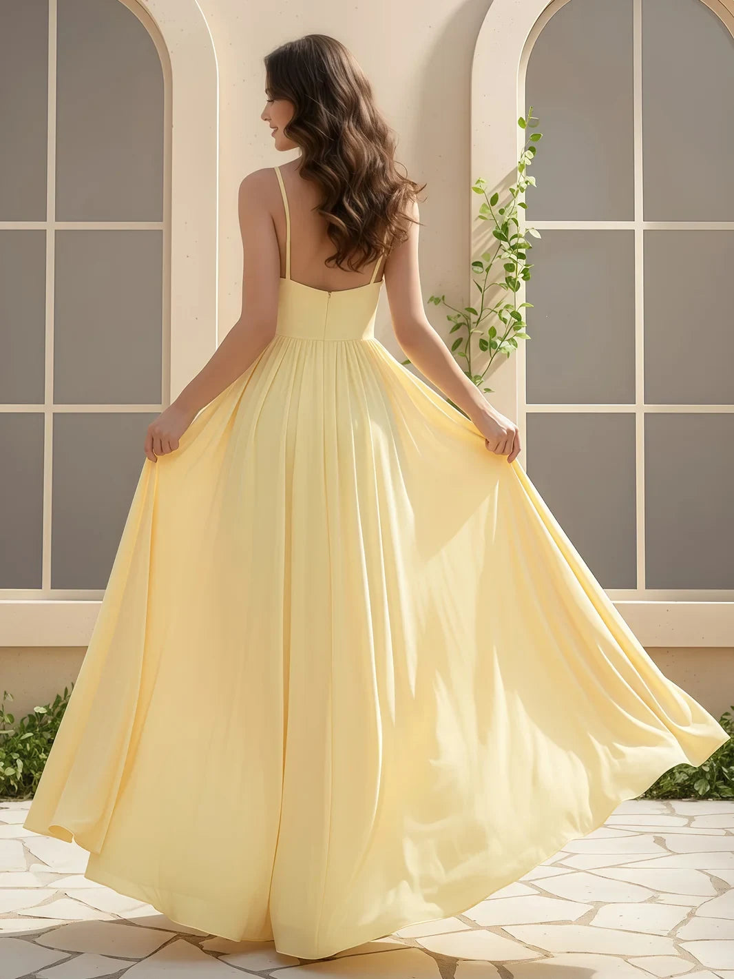 Elegant A-Line V-Neck Sleeveless Slit Yellow Floor-Length Prom Gown