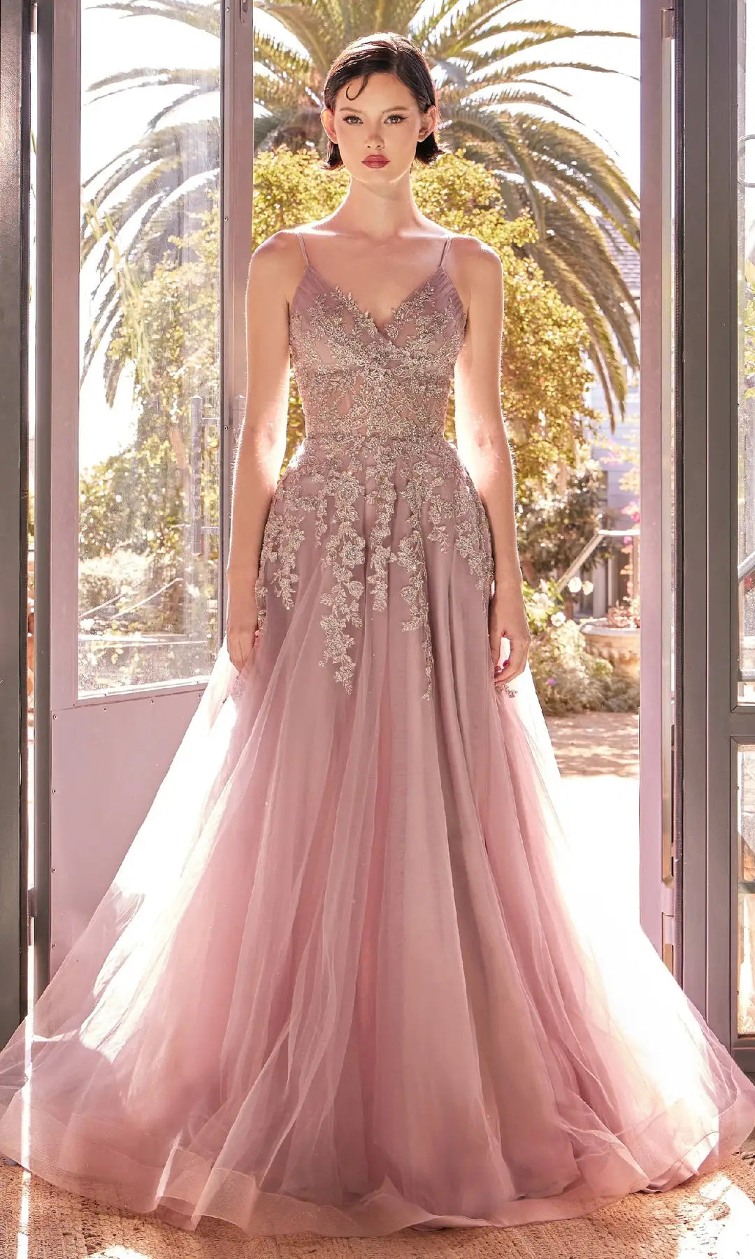 Elegant A-Line V-Neck Sleeveless Sparkle Slit Mauve Long Prom Dresses Women
