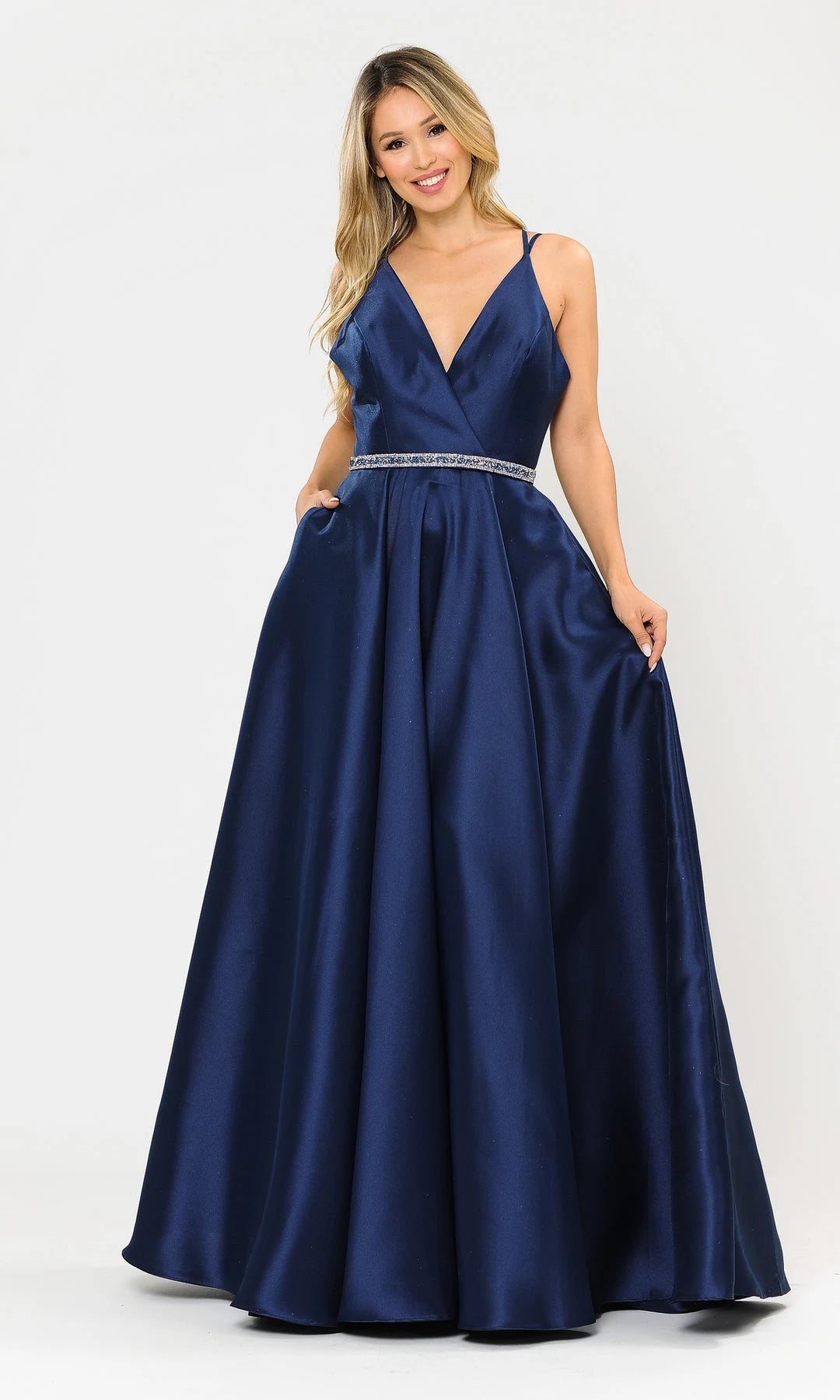 Elegant A-Line V-Neck Sleeveless Strappy Beaded Navy Long Prom Dresses Gown