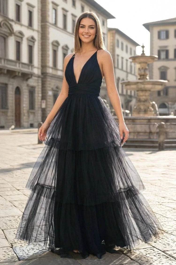Elegant A-Line V-Neck Sleeveless Tiered Flowy Navy Blue Floor-Length Prom Gown