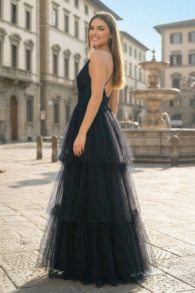 Elegant A-Line V-Neck Sleeveless Tiered Flowy Navy Blue Floor-Length Prom Gown