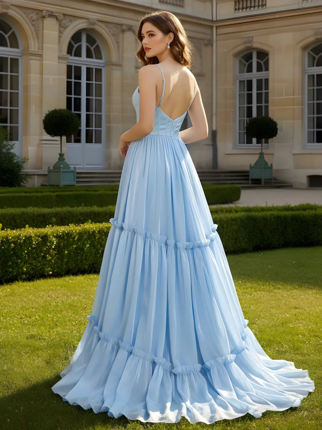 Elegant A-Line V-Neck Sleeveless Tiered Ruffle Light Blue Floor-Length Prom Dress
