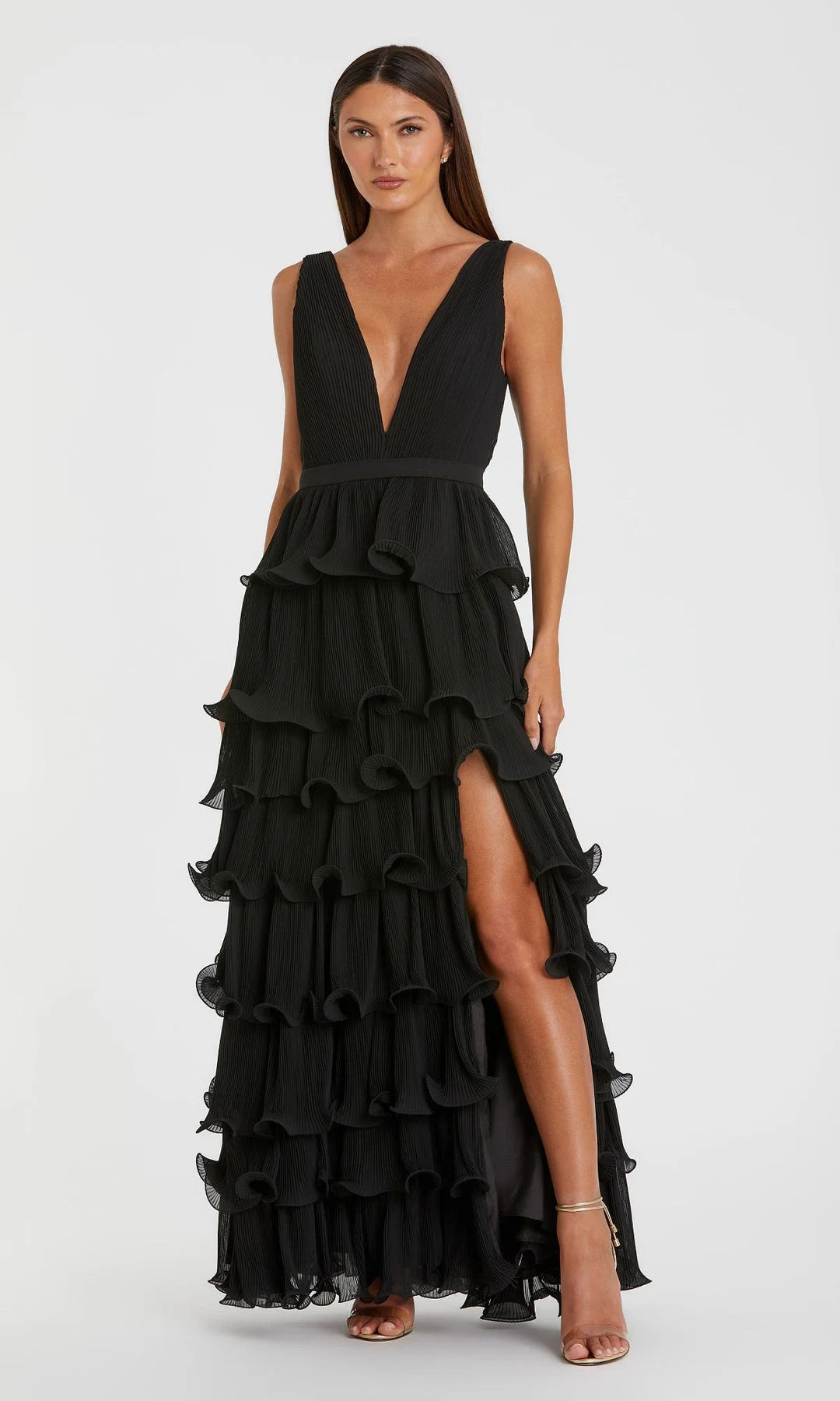 Elegant A-Line V-Neck Sleeveless Tiered Ruffled Black Maxi Prom Dresses Gown