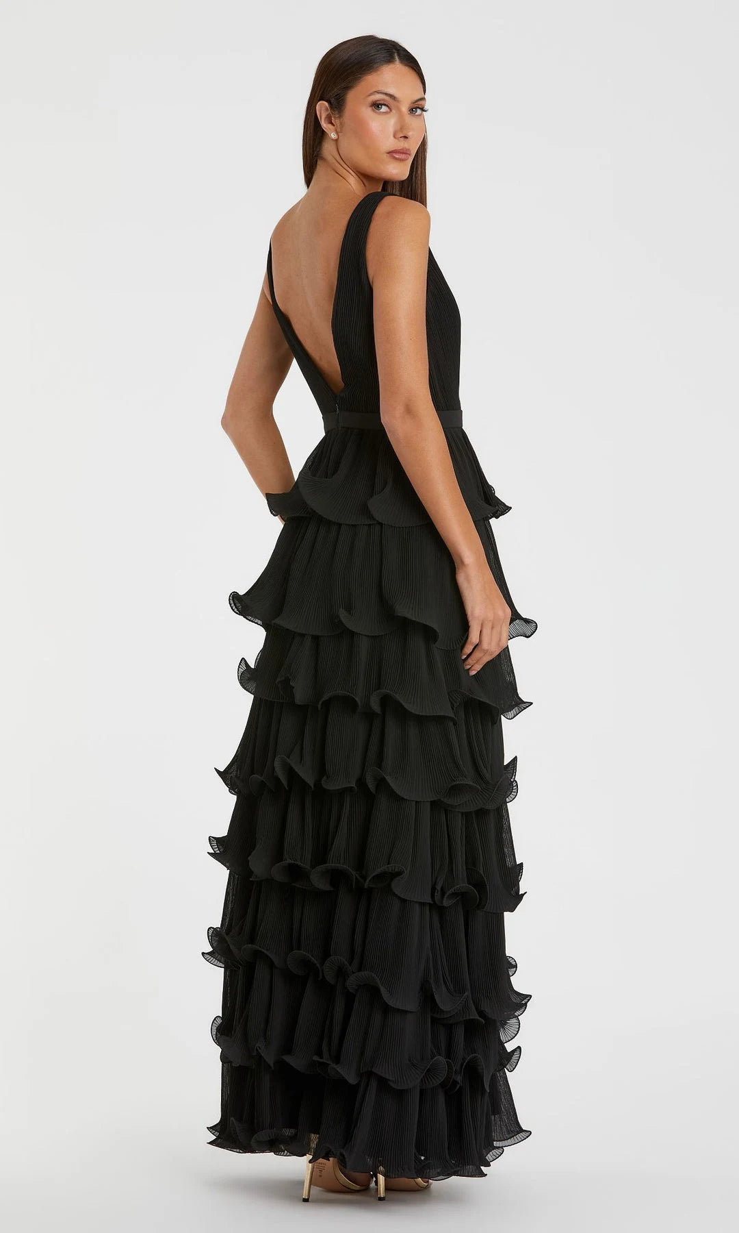 Elegant A-Line V-Neck Sleeveless Tiered Ruffled Black Maxi Prom Dresses Gown