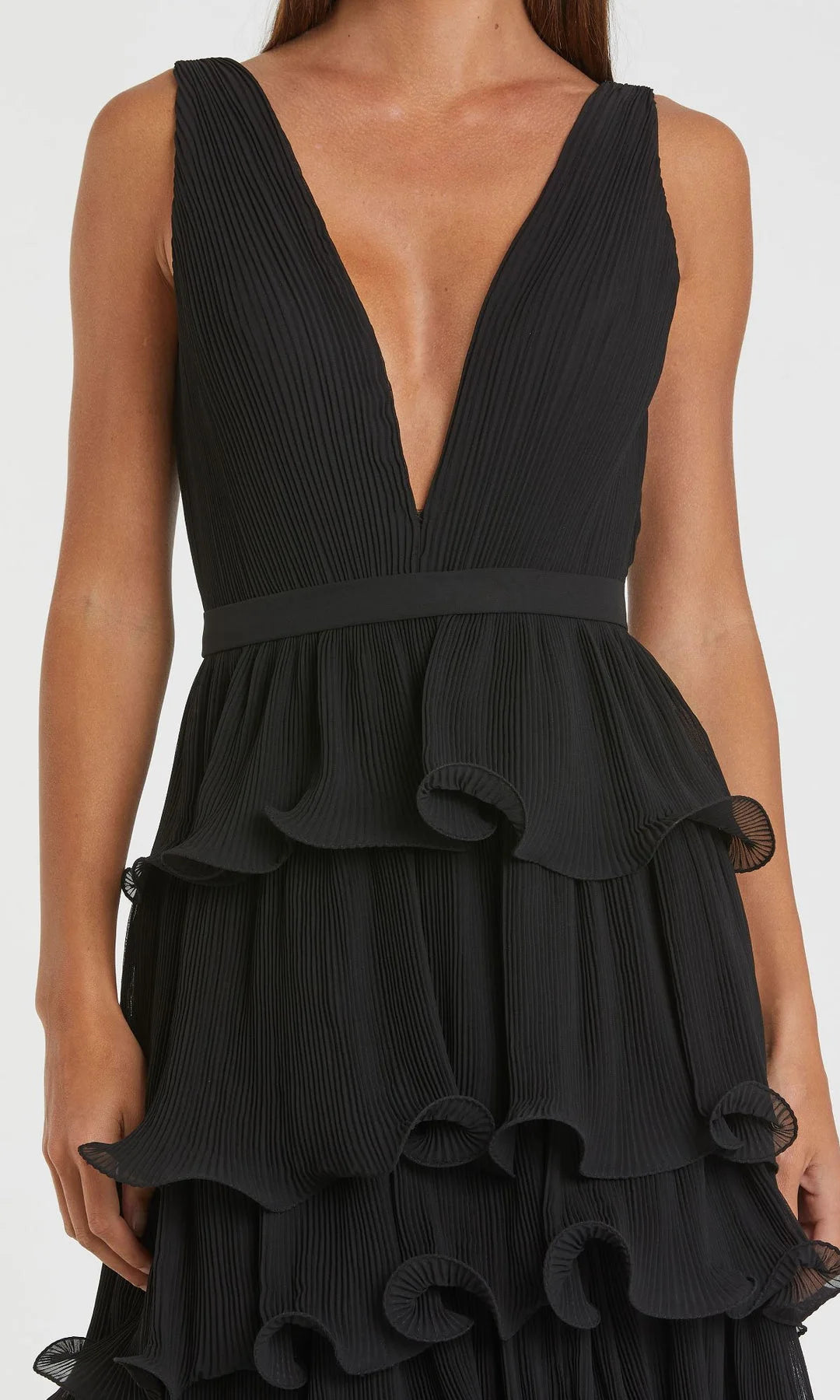 Elegant A-Line V-Neck Sleeveless Tiered Ruffled Black Maxi Prom Dresses Gown