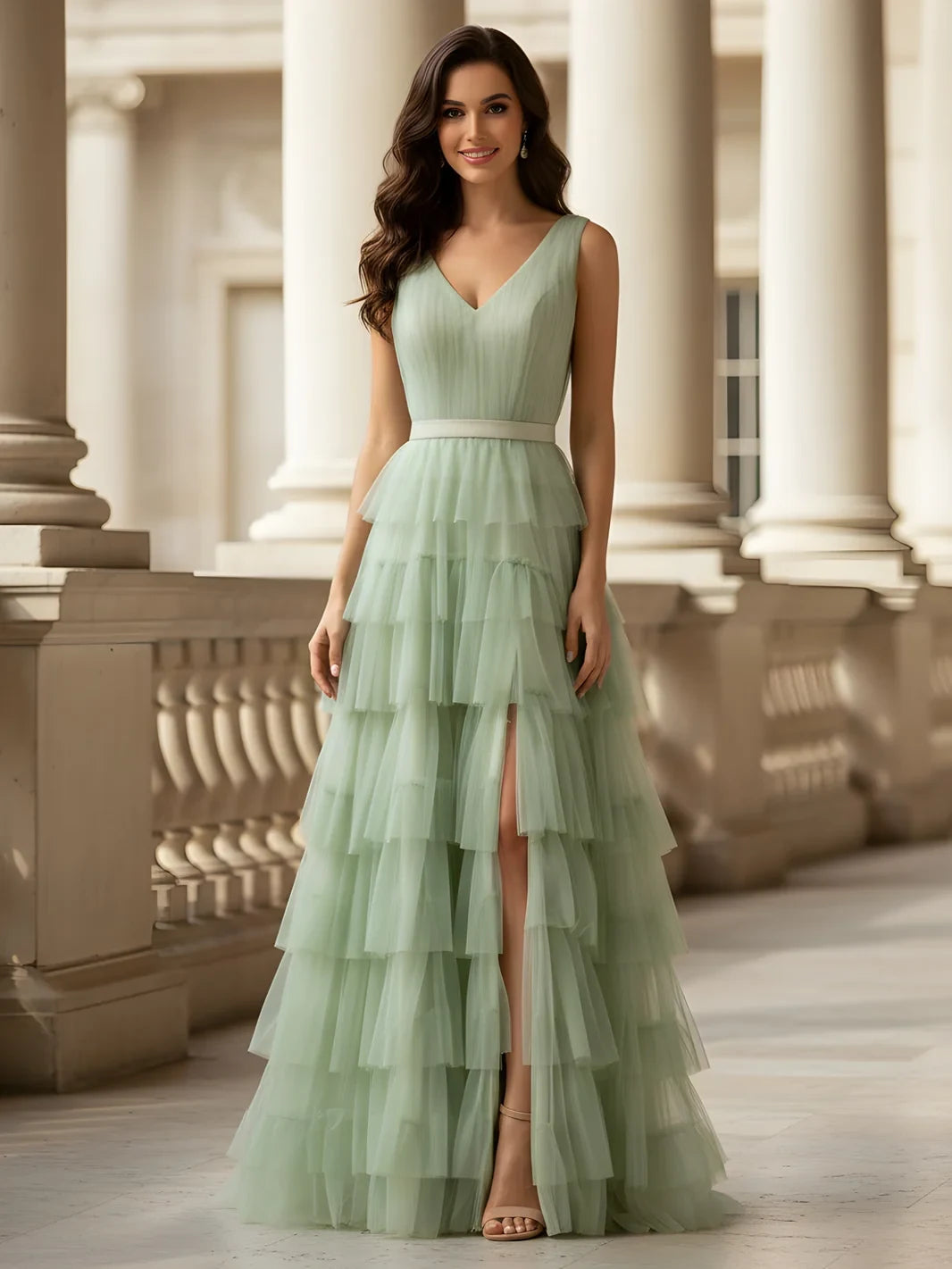 Elegant A-Line V-Neck Sleeveless Tiered Ruffled Mint Green Floor-Length Prom Gown
