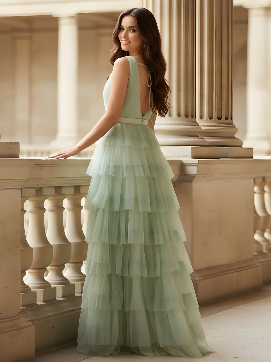 Elegant A-Line V-Neck Sleeveless Tiered Ruffled Mint Green Floor-Length Prom Gown