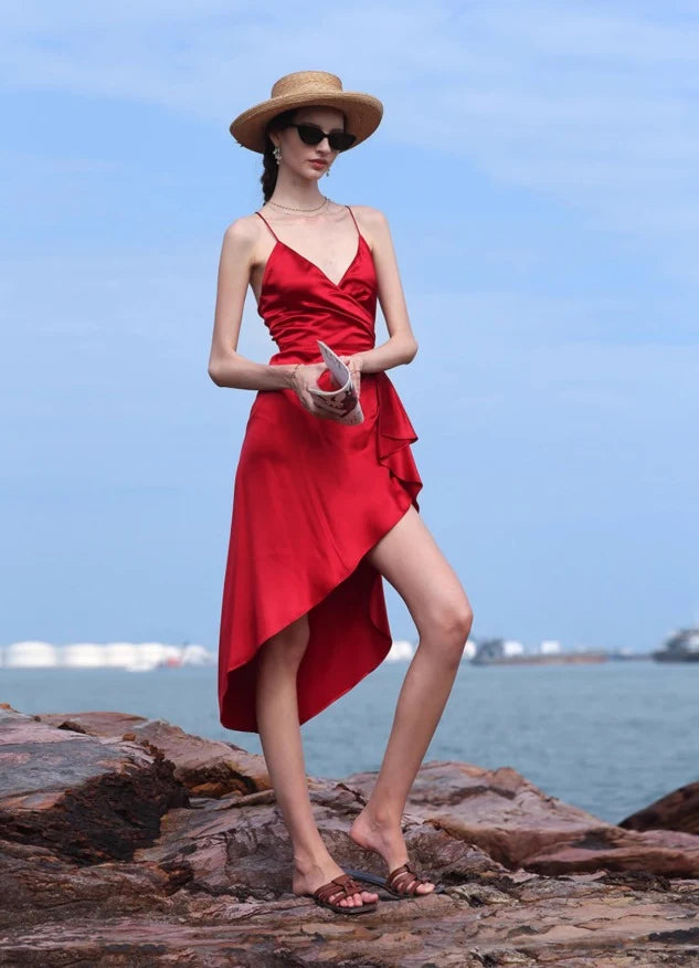 Elegant A-Line V-Neck Sleeveless Wrap Asymmetrical Red Midi Homecoming Dress Women's