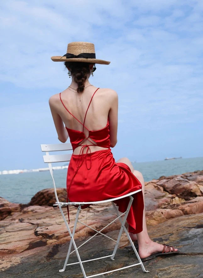 Elegant A-Line V-Neck Sleeveless Wrap Asymmetrical Red Midi Homecoming Dress Women's