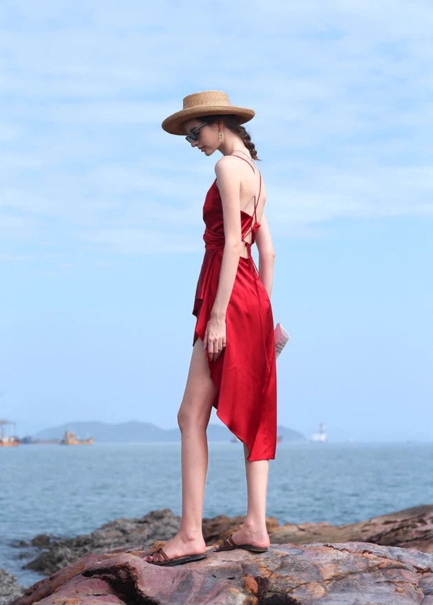Elegant A-Line V-Neck Sleeveless Wrap Asymmetrical Red Midi Homecoming Dress Women's