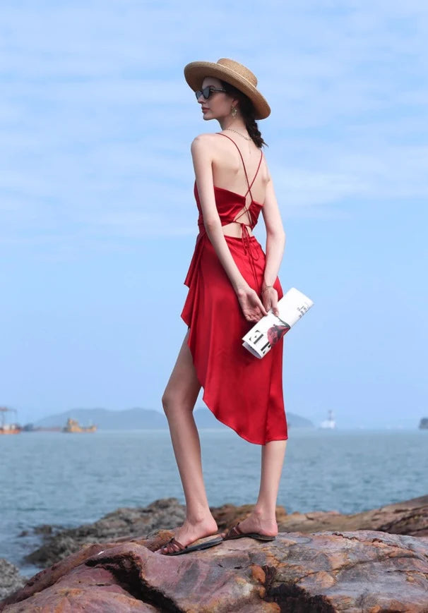 Elegant A-Line V-Neck Sleeveless Wrap Asymmetrical Red Midi Homecoming Dress Women's