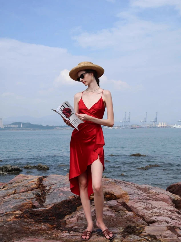Elegant A-Line V-Neck Sleeveless Wrap Asymmetrical Red Midi Homecoming Dress Women's