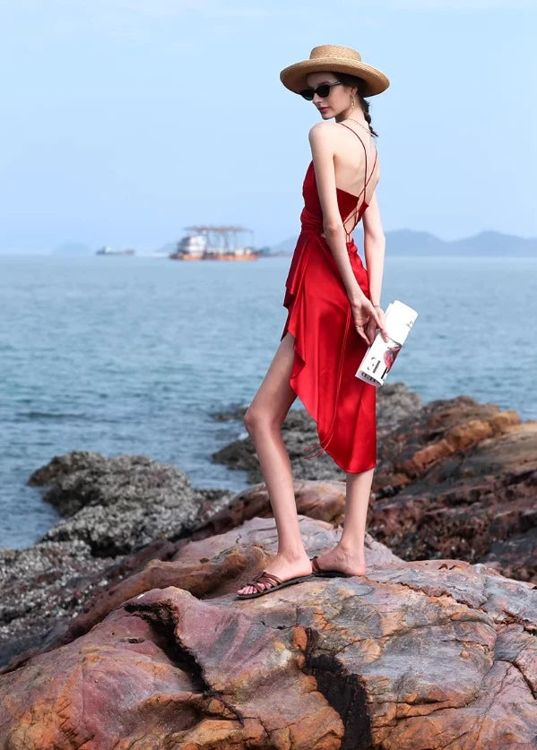 Elegant A-Line V-Neck Sleeveless Wrap Asymmetrical Red Midi Homecoming Dress Women's