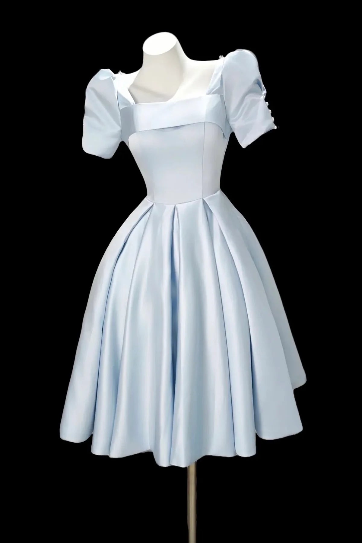 Elegant A-line Square Neck Puffy Short Sleeve Open Back with Pearl Chains Knee-Length Homecoming Dress