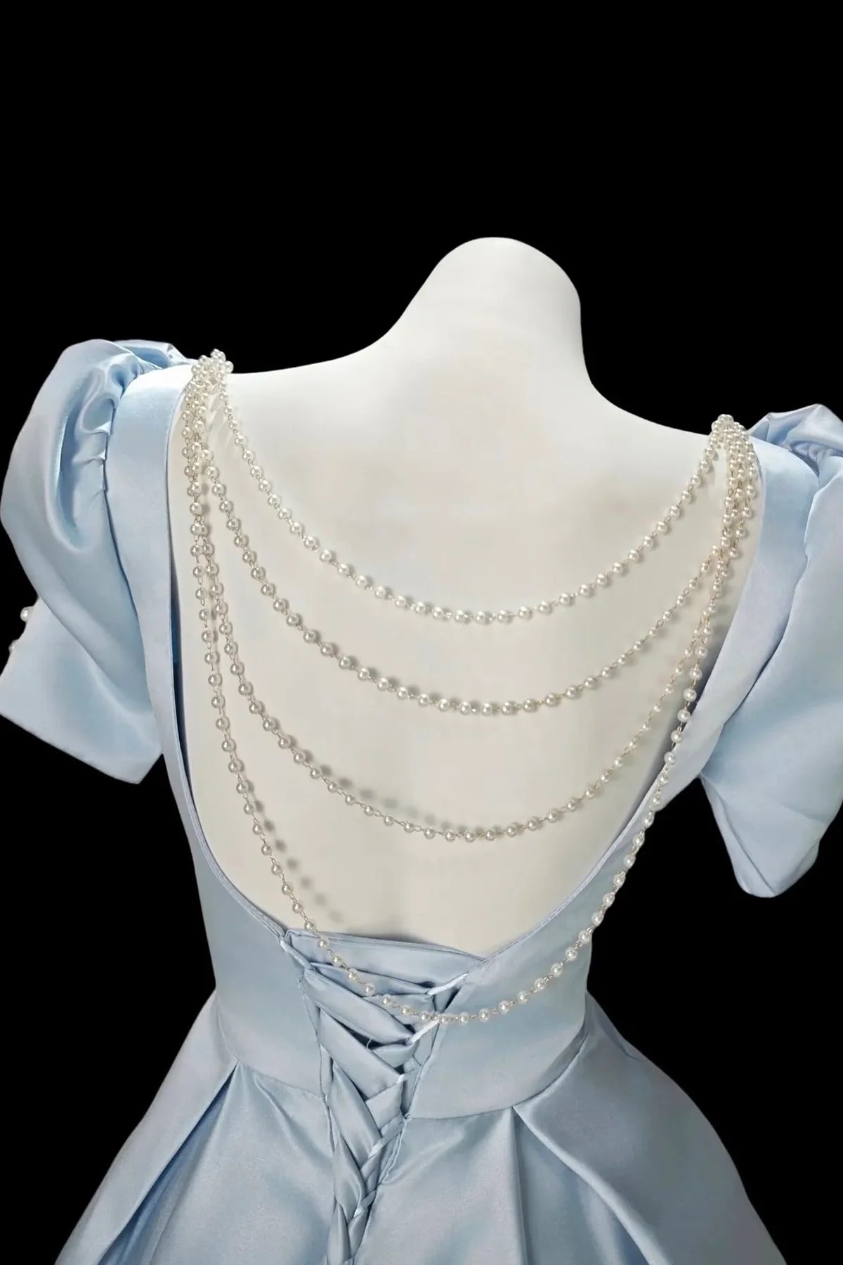 Elegant A-line Square Neck Puffy Short Sleeve Open Back with Pearl Chains Knee-Length Homecoming Dress