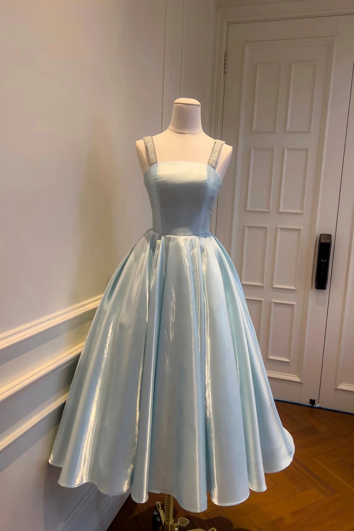 Elegant A-line Square Neck Sleeveless Beaded Strap Lace-Up Back Tea-Length Pastel Blue Satin Homecoming Dress