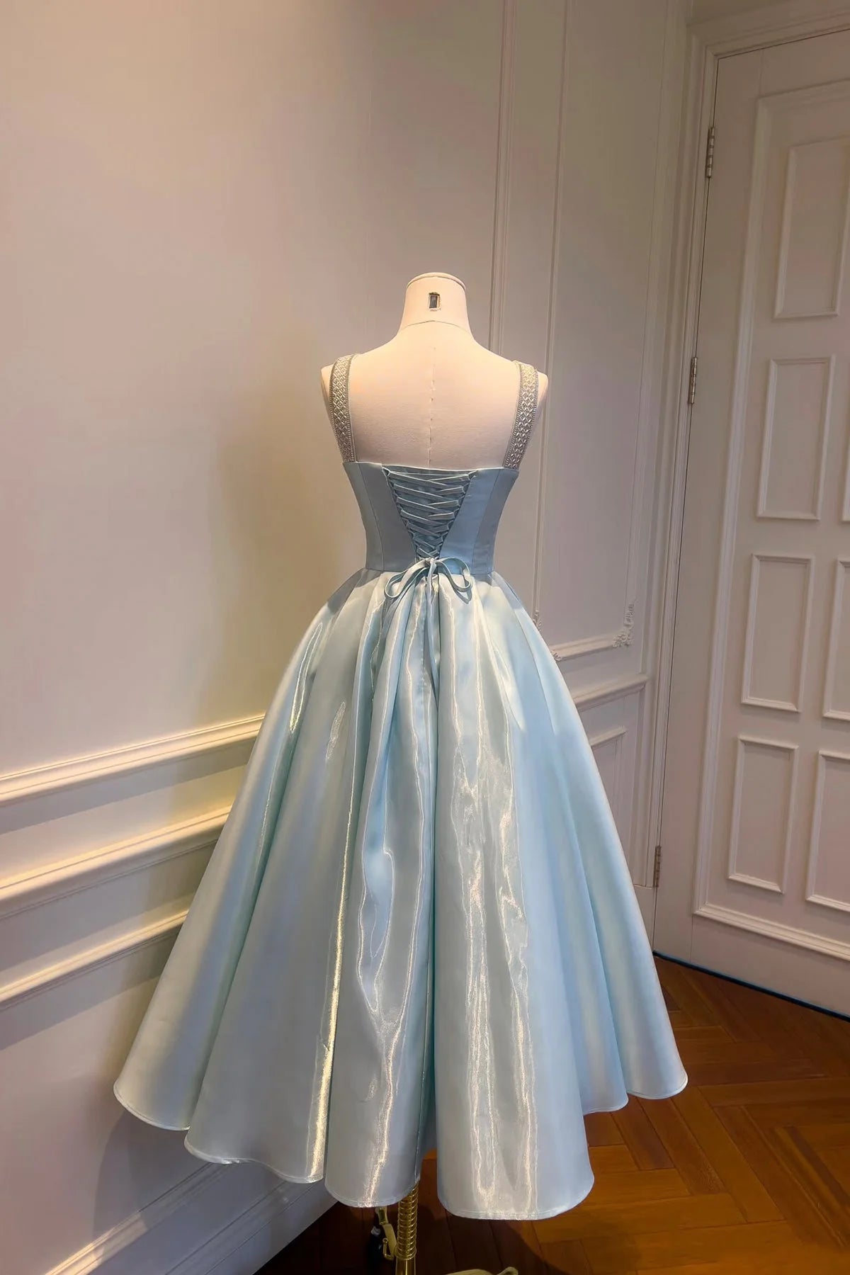 Elegant A-line Square Neck Sleeveless Beaded Strap Lace-Up Back Tea-Length Pastel Blue Satin Homecoming Dress