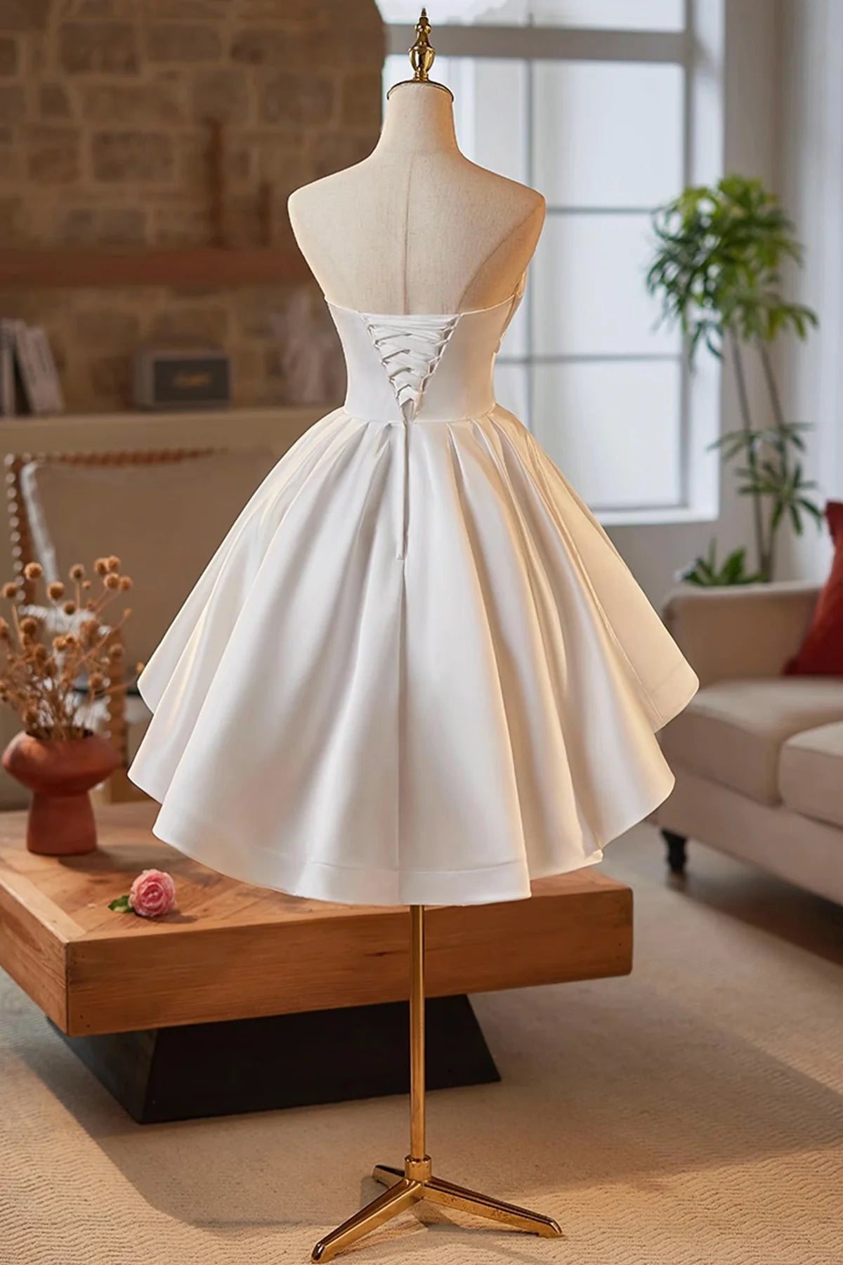 Elegant A-line Strapless Draped Sleeveless Lace-Up Back Short Tiered Homecoming Dress