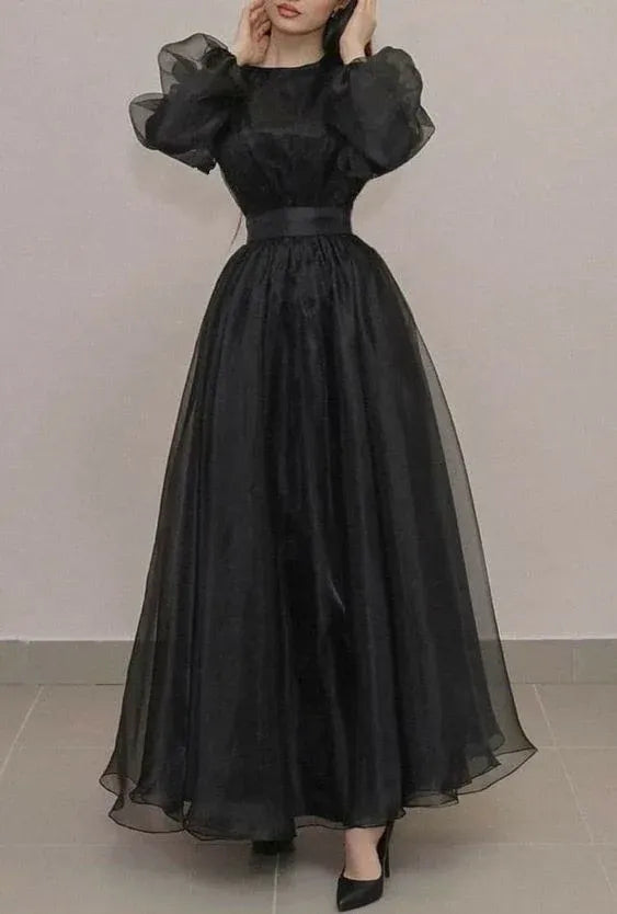 Elegant A‑Line Crew‑Neck Puffed‑Long‑Sleeve Sheer‑Tulle Floor‑Length Prom Dress
