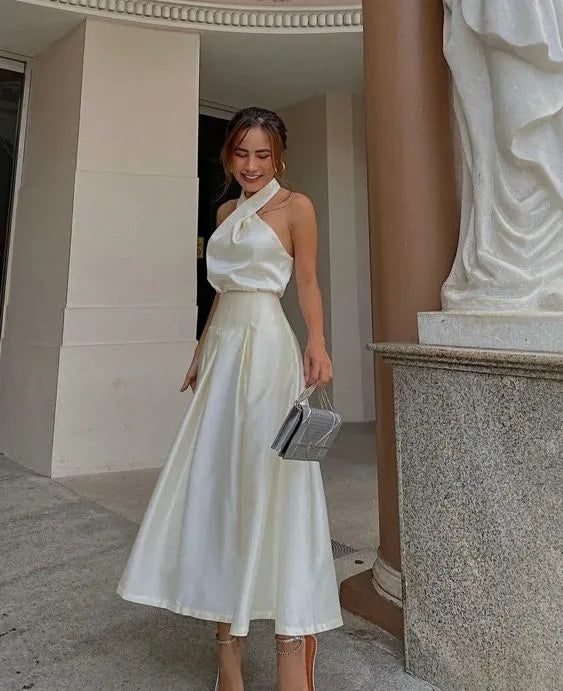 Elegant A‑Line Halter Twist‑Neck Midi‑Length Satin Formal Dress