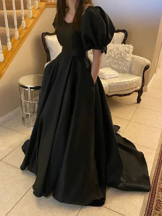 Elegant A‑Line Square‑Neck Puffed‑Short‑Sleeve Floor‑Length Prom Dress