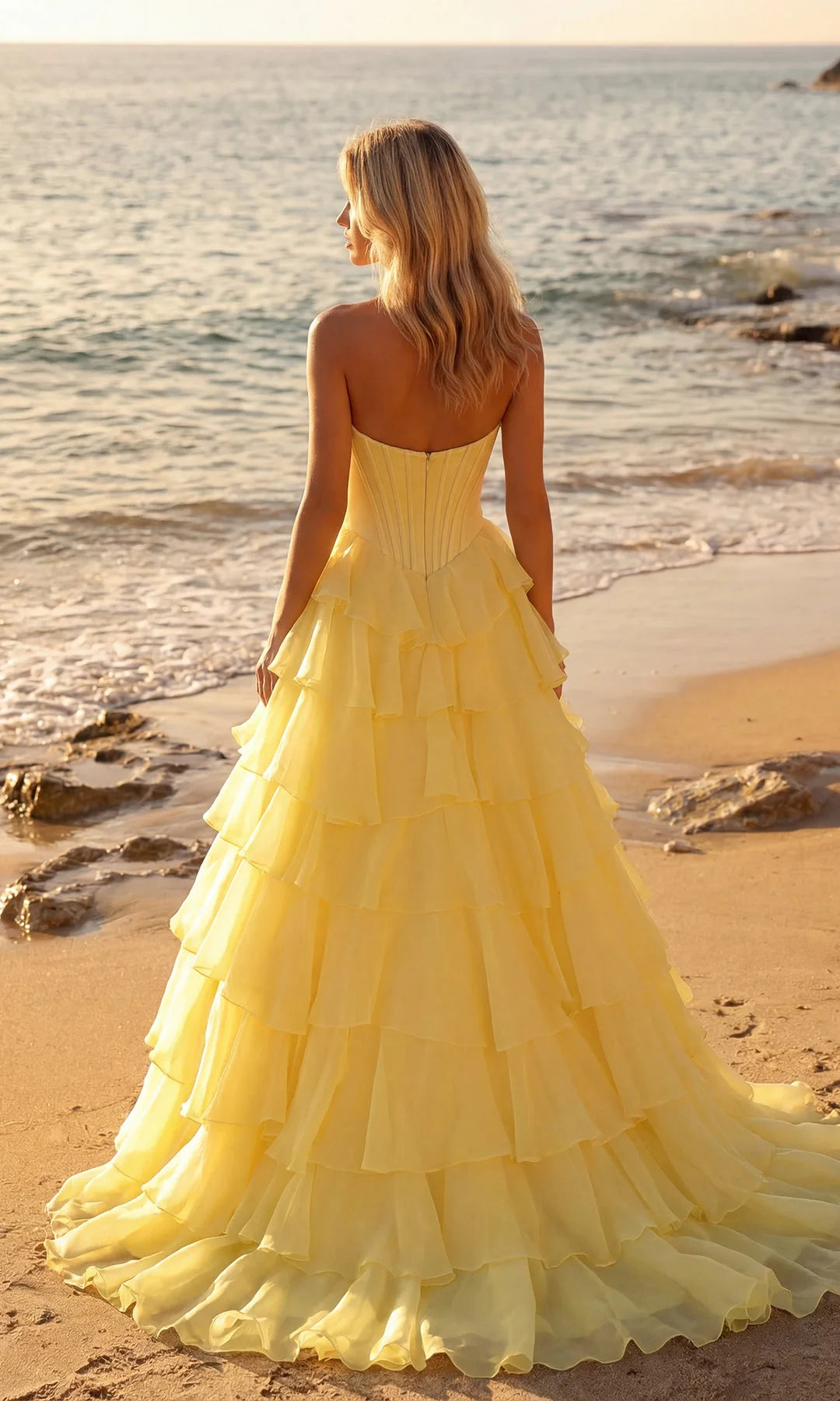 Elegant A Line Sweetheart Sleeveless Tiered Slit Yellow Long Prom Dresses For Women