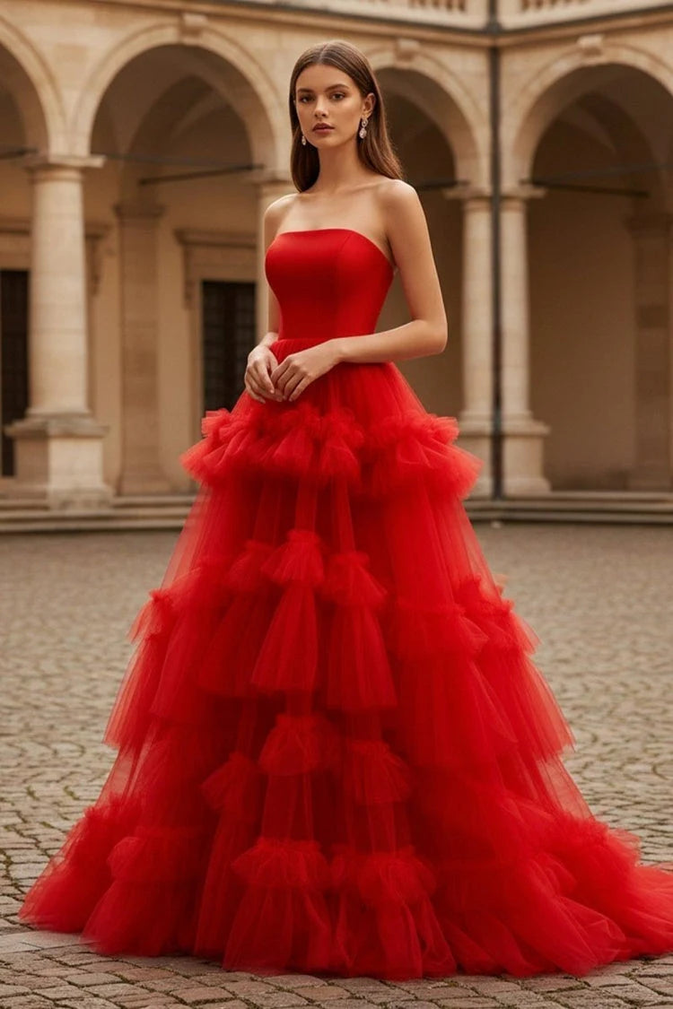 Elegant Ball Gown Strapless Sleeveless Tiered Ruffled Red Floor-Length Prom Dress Women's Gown