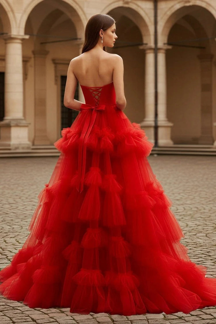 Elegant Ball Gown Strapless Sleeveless Tiered Ruffled Red Floor-Length Prom Dress Women's Gown