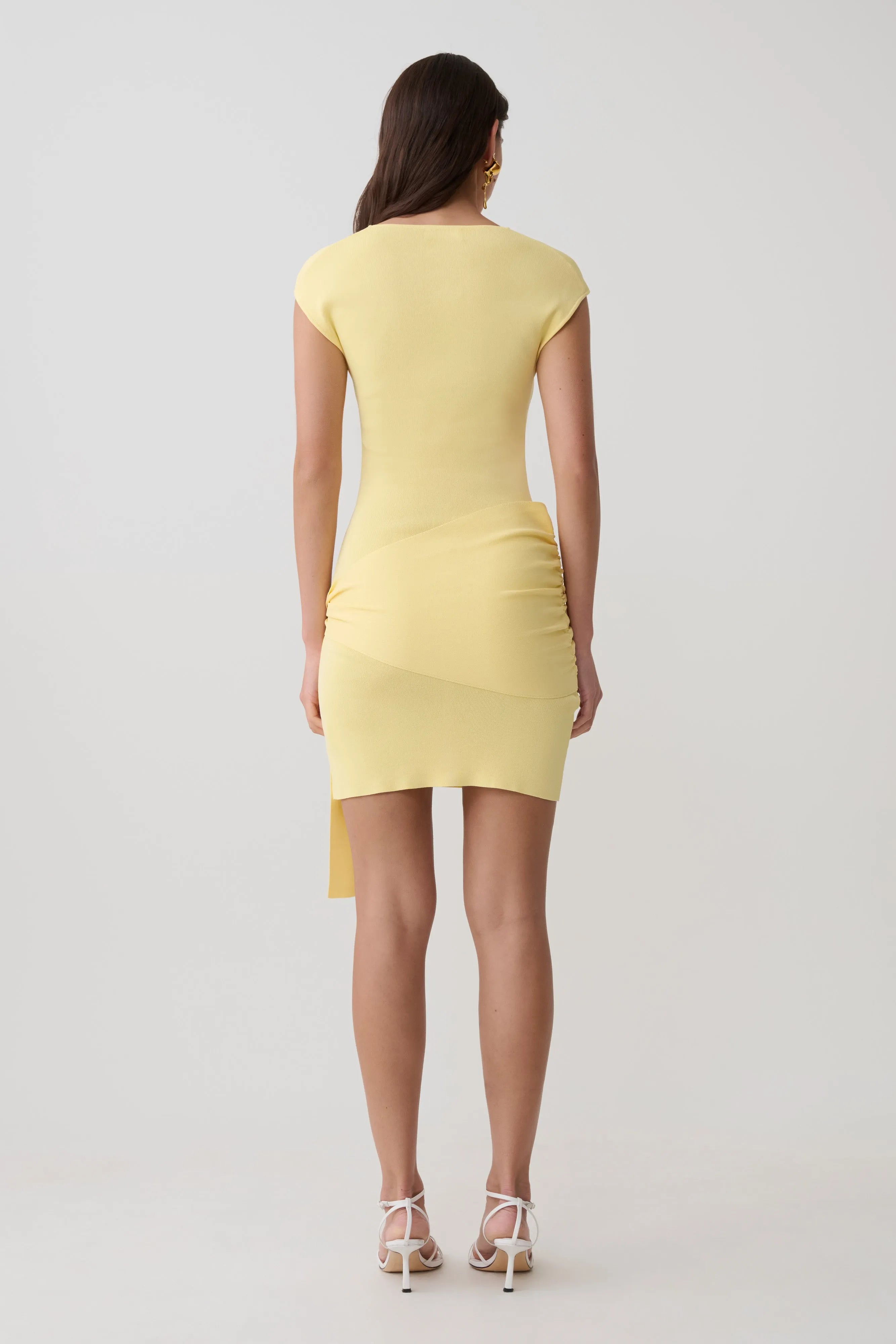 Elegant Bodycon Cowl Neck Cap Sleeve Draped Pastel Yellow Mini Homecoming Dress