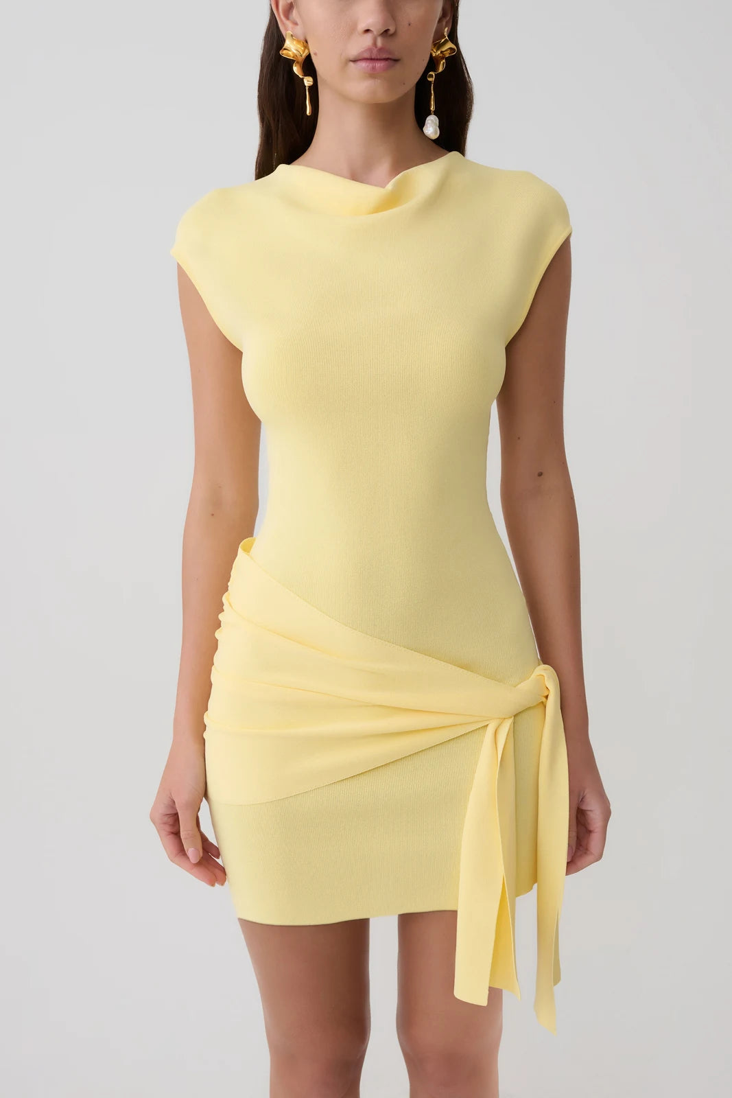 Elegant Bodycon Cowl Neck Cap Sleeve Draped Pastel Yellow Mini Homecoming Dress