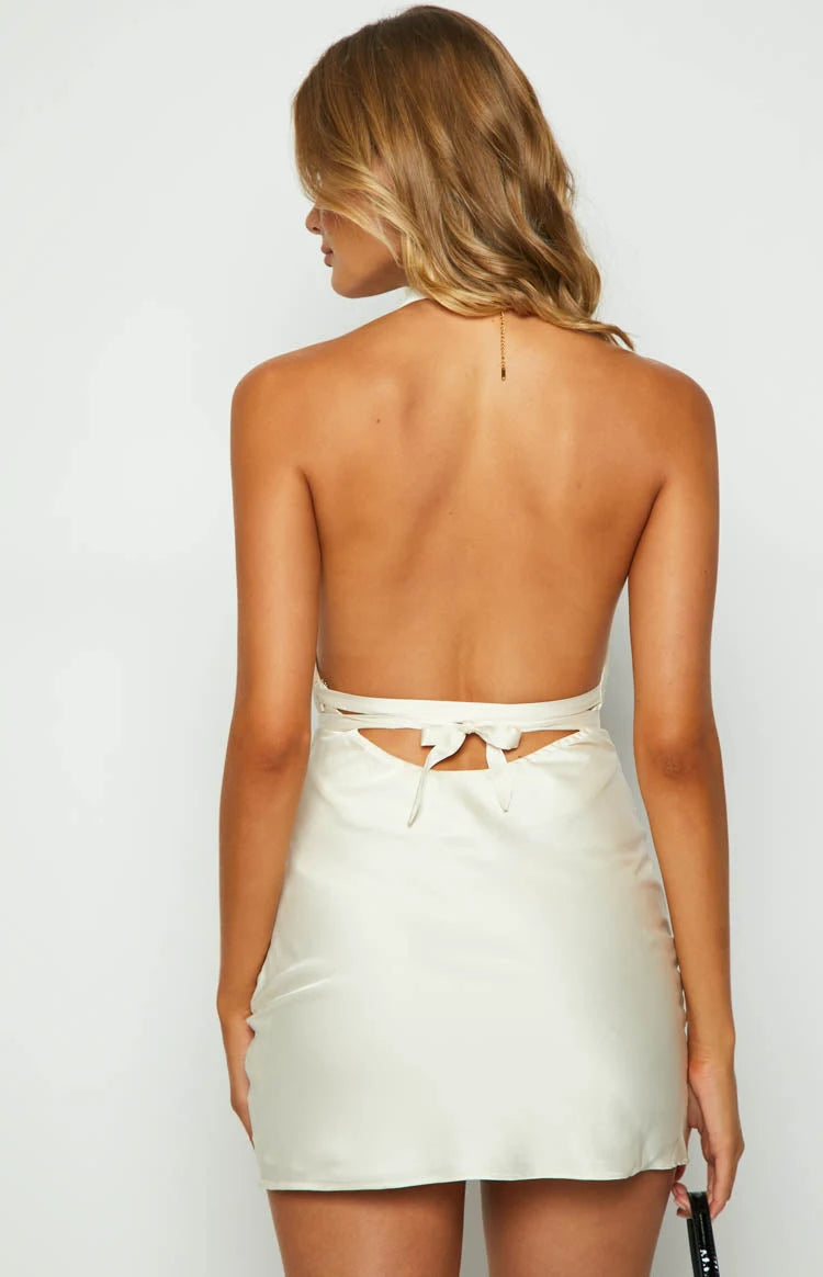 Elegant Bodycon Cowl Neck Sleeveless Backless Ivory Mini Homecoming Dress for Women