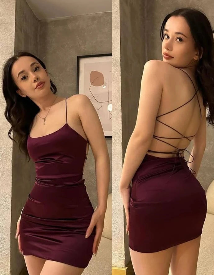 Elegant Bodycon Cowl Neck Sleeveless Backless Strappy Burgundy Mini Homecoming Dress