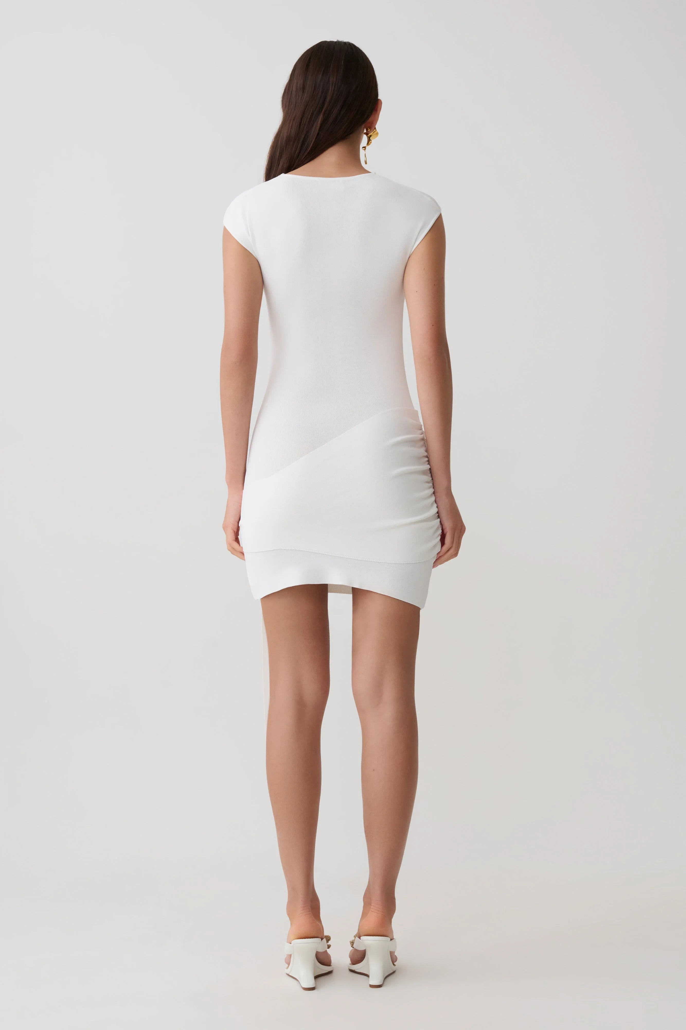 Elegant Bodycon Cowl Neck Sleeveless Ruched Knot-Detail White Mini Homecoming Dress Women's