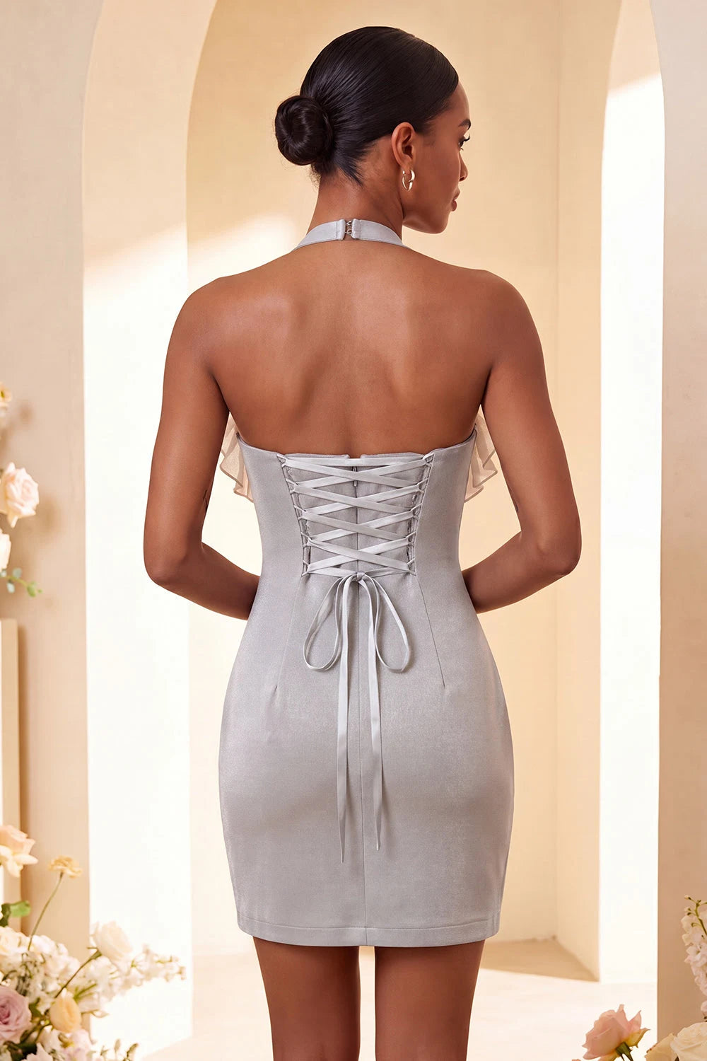 Elegant Bodycon Halter Sleeveless Ruffled Silver Mini Homecoming Dress