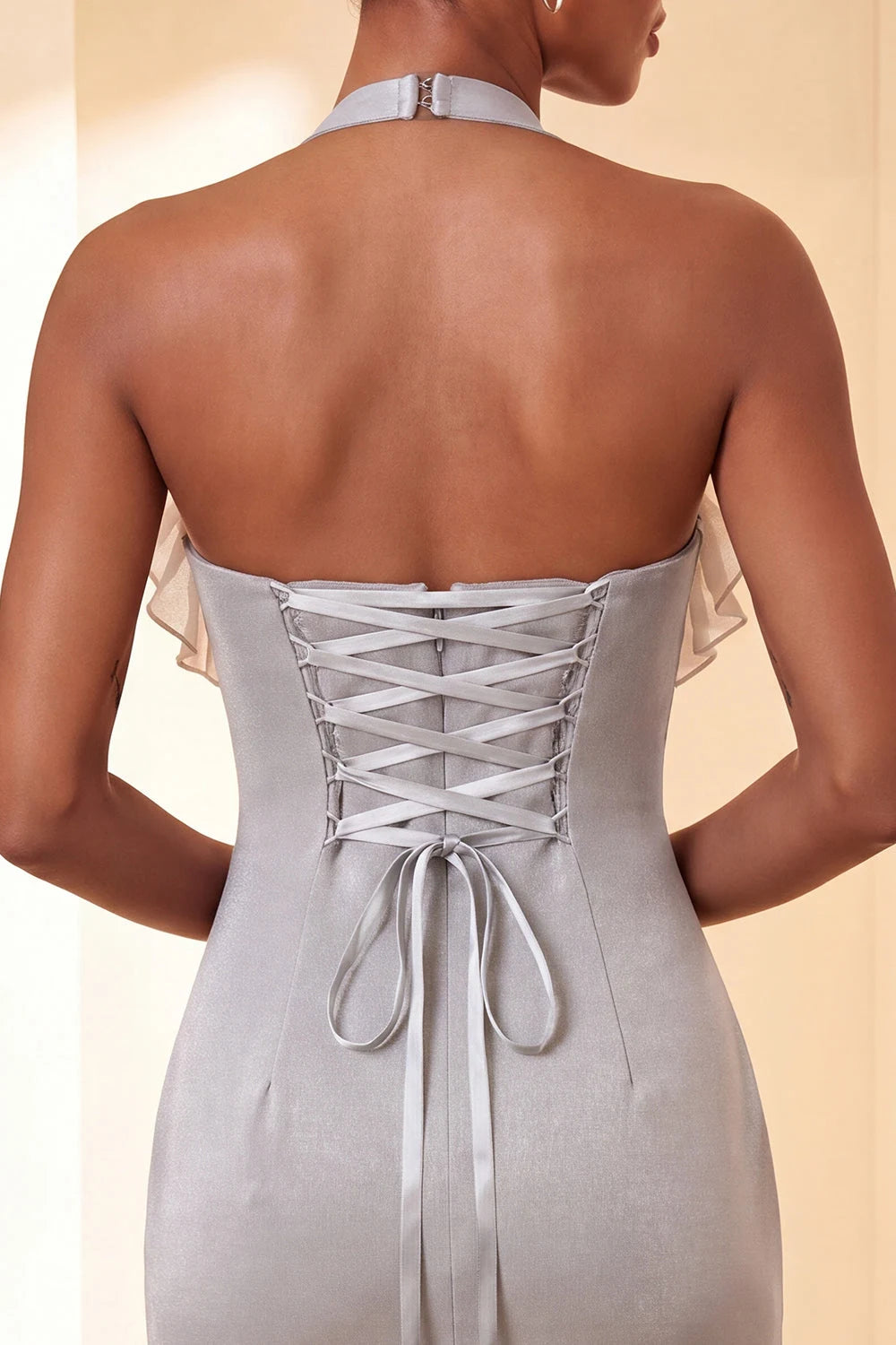 Elegant Bodycon Halter Sleeveless Ruffled Silver Mini Homecoming Dress