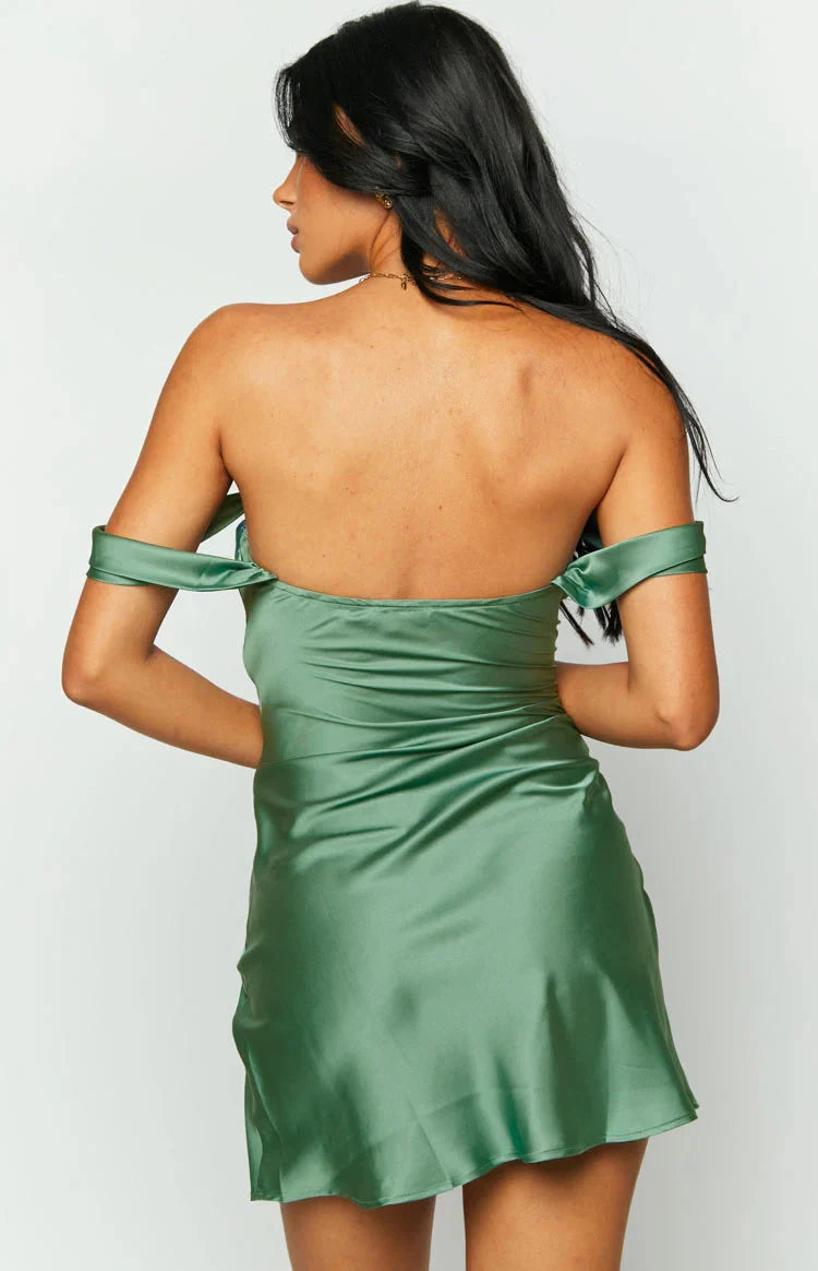 Elegant Bodycon Off-Shoulder Draped Chic Sage Mini Homecoming Women Dress