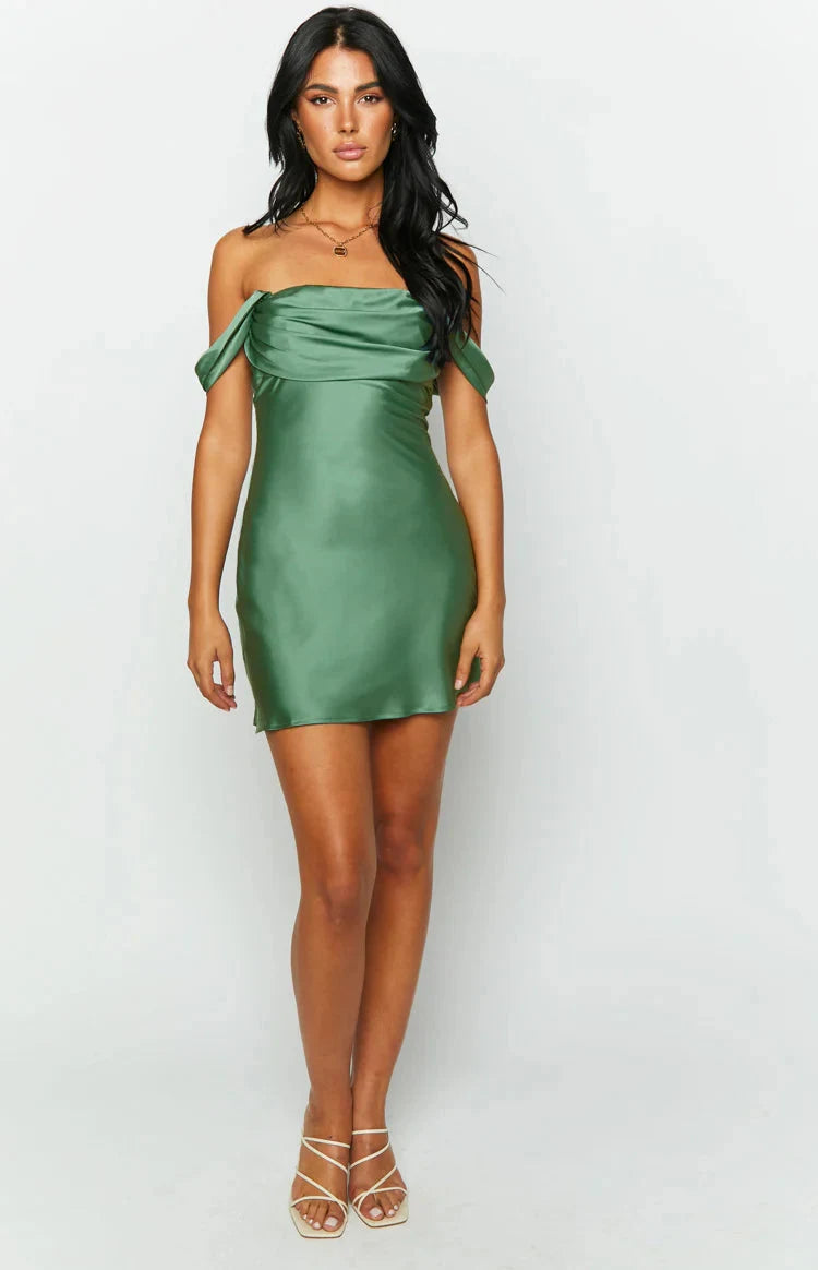 Elegant Bodycon Off-Shoulder Draped Chic Sage Mini Homecoming Women Dress