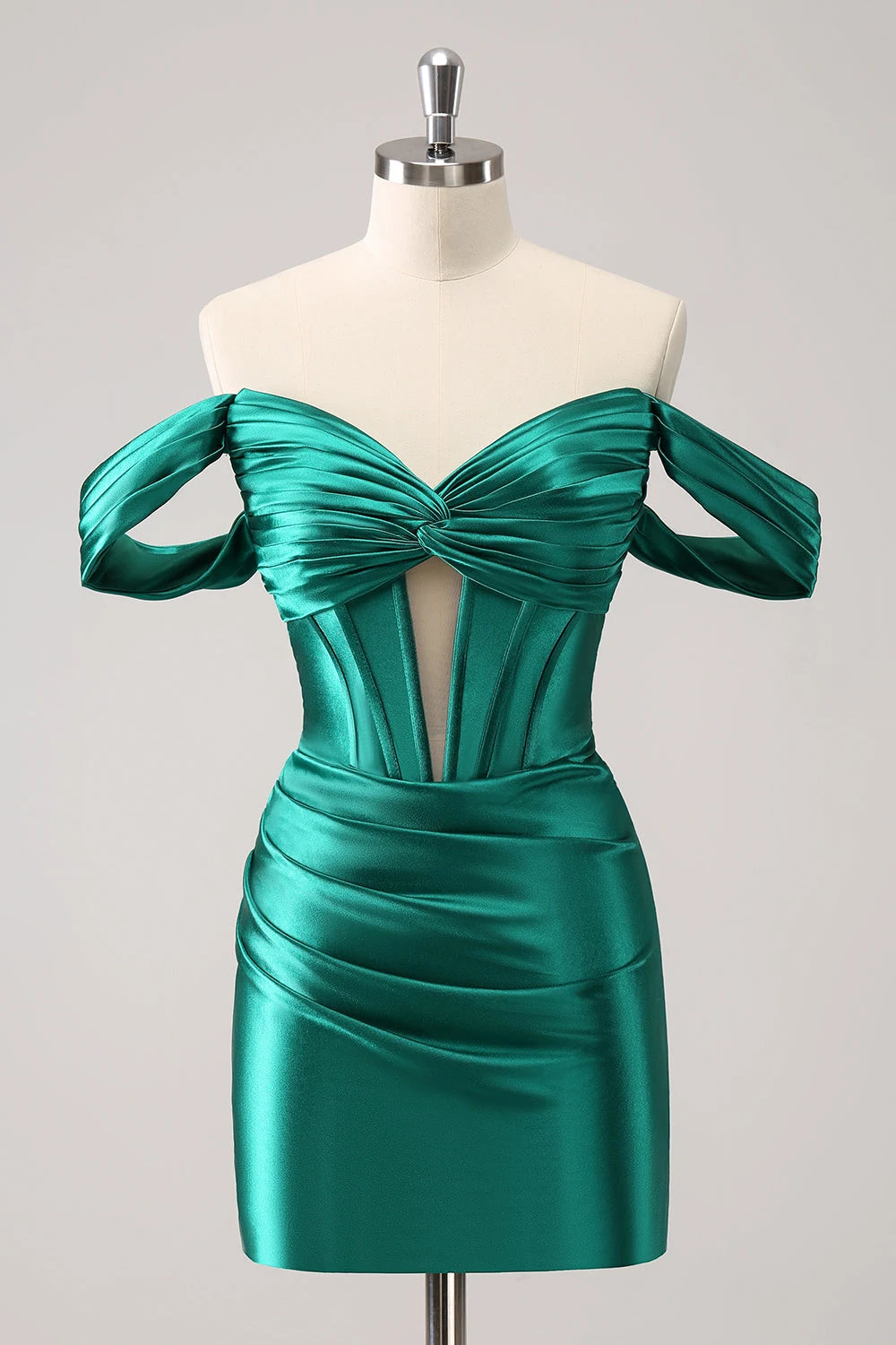 Elegant Bodycon Off-Shoulder Ruched Corset Emerald Mini Homecoming Dress for Women