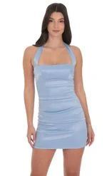 Elegant Bodycon Square Halter Sleeveless Ruched Navy Mini Homecoming Dress for Women