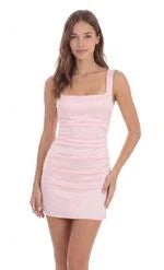 Elegant Bodycon Square Neck Sleeveless Ruched Mini Pink Homecoming Dress Women's