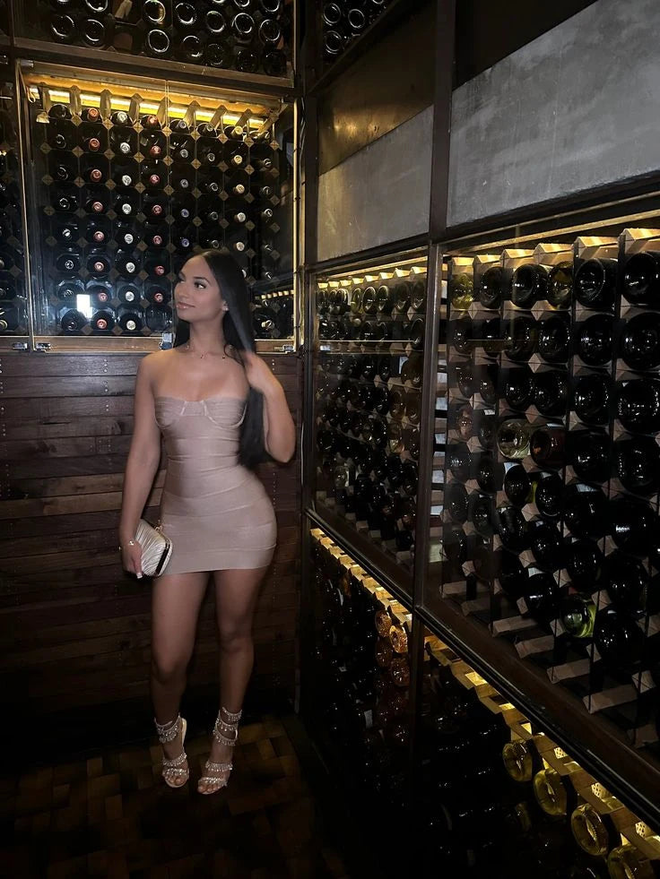 Elegant Bodycon Strapless Sleeveless Ruched Nude Mini Homecoming Dress