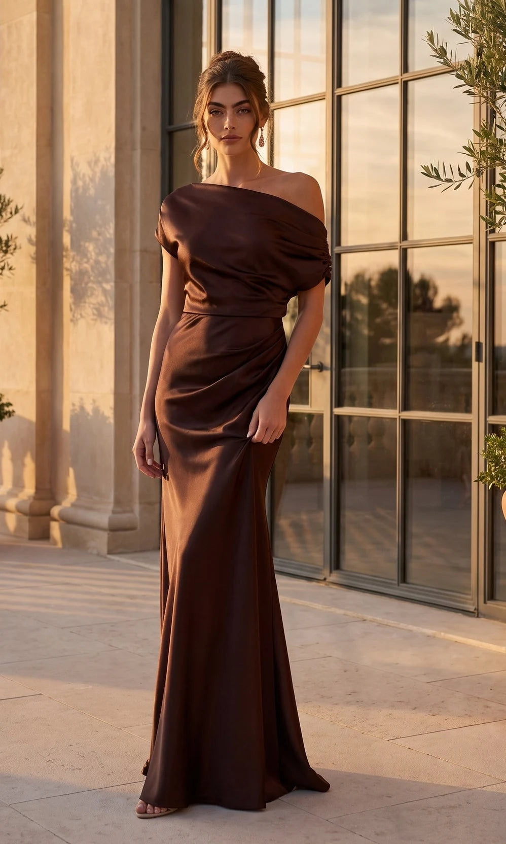 Elegant Column Asymmetric Sleeveless Draped Ruched Brown Maxi Prom Dresses Women