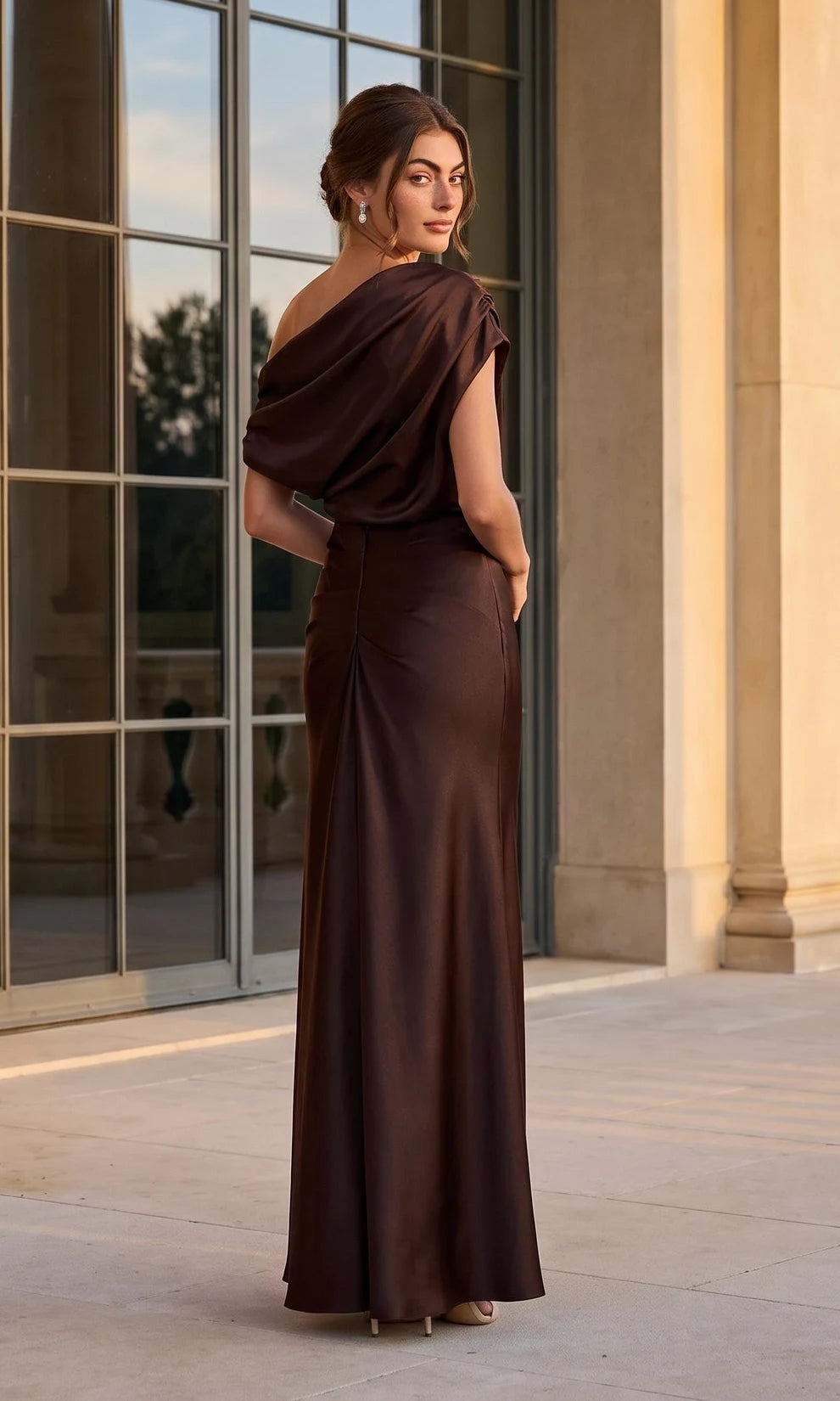 Elegant Column Asymmetric Sleeveless Draped Ruched Brown Maxi Prom Dresses Women