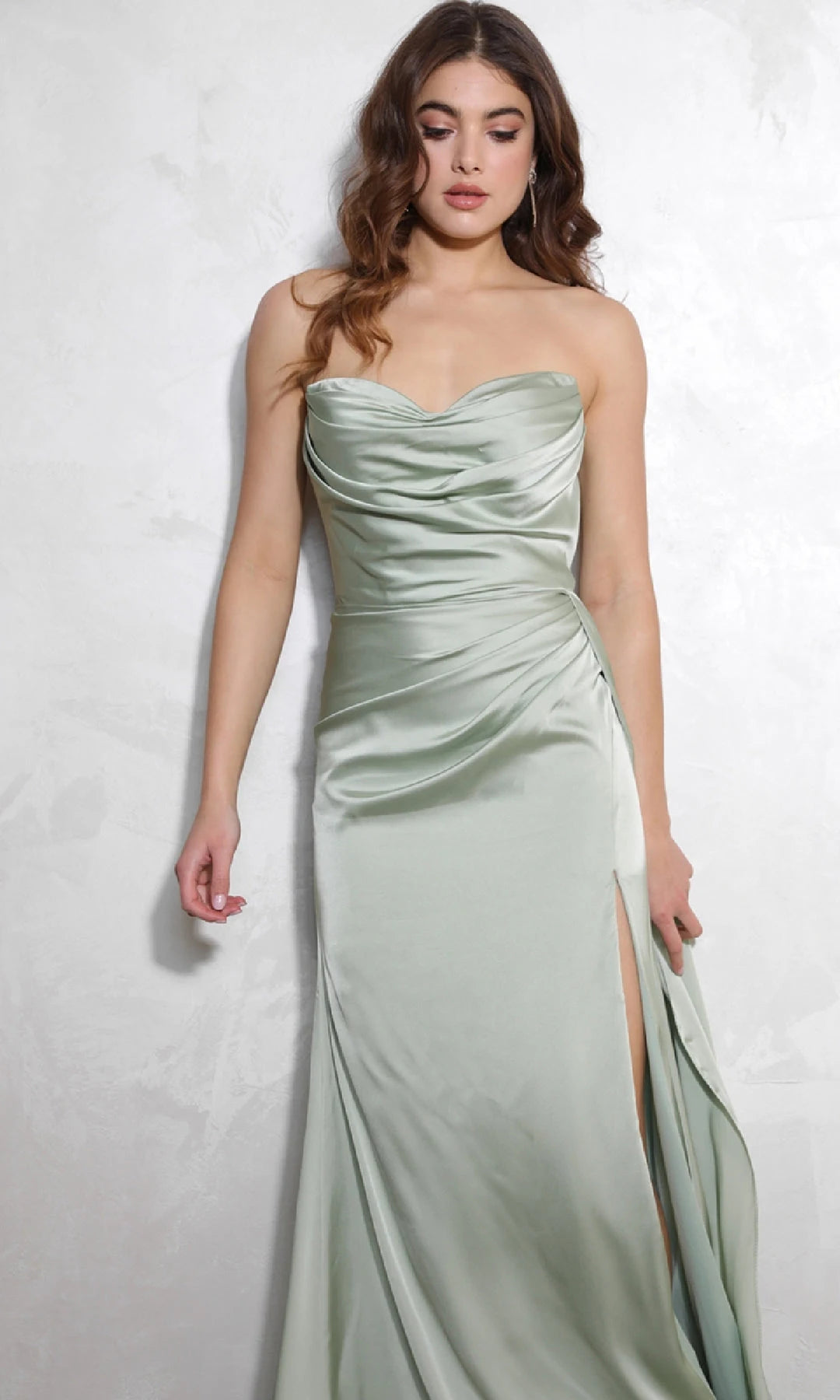 Elegant Column Cowl Strapless Ruched Slit Sage Long Prom Dresses Women