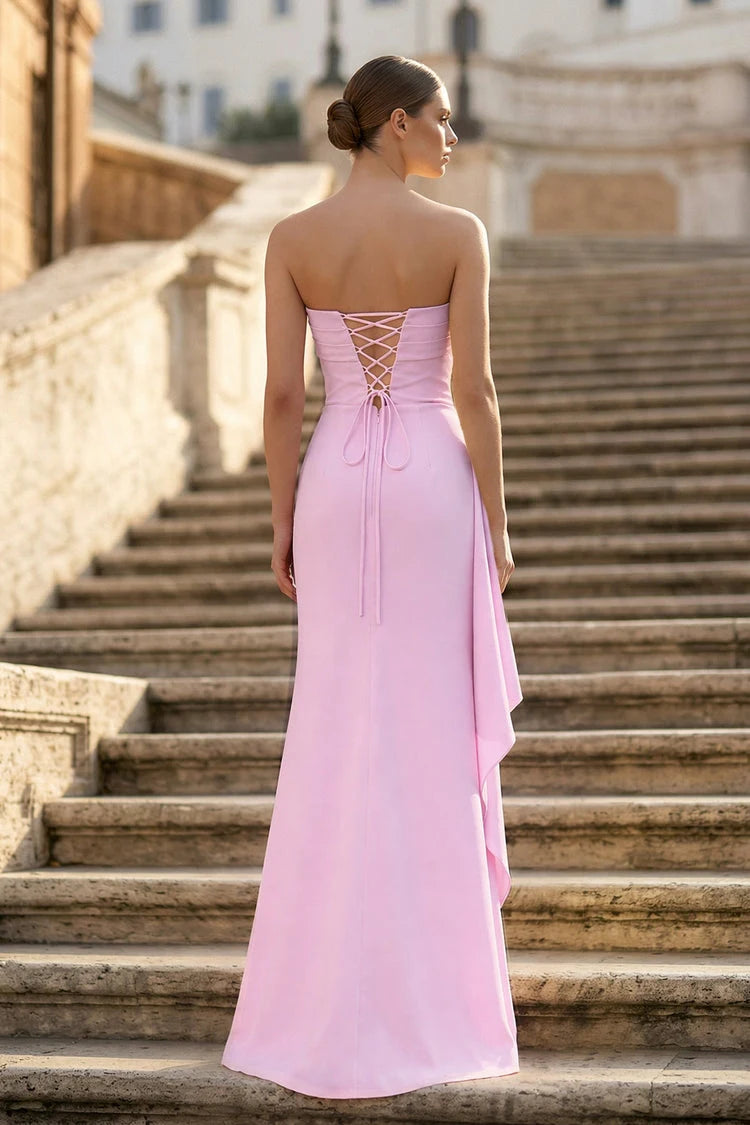 Elegant Column Strapless Ruched Draped Light Pink Floor-Length Prom Dress Gown