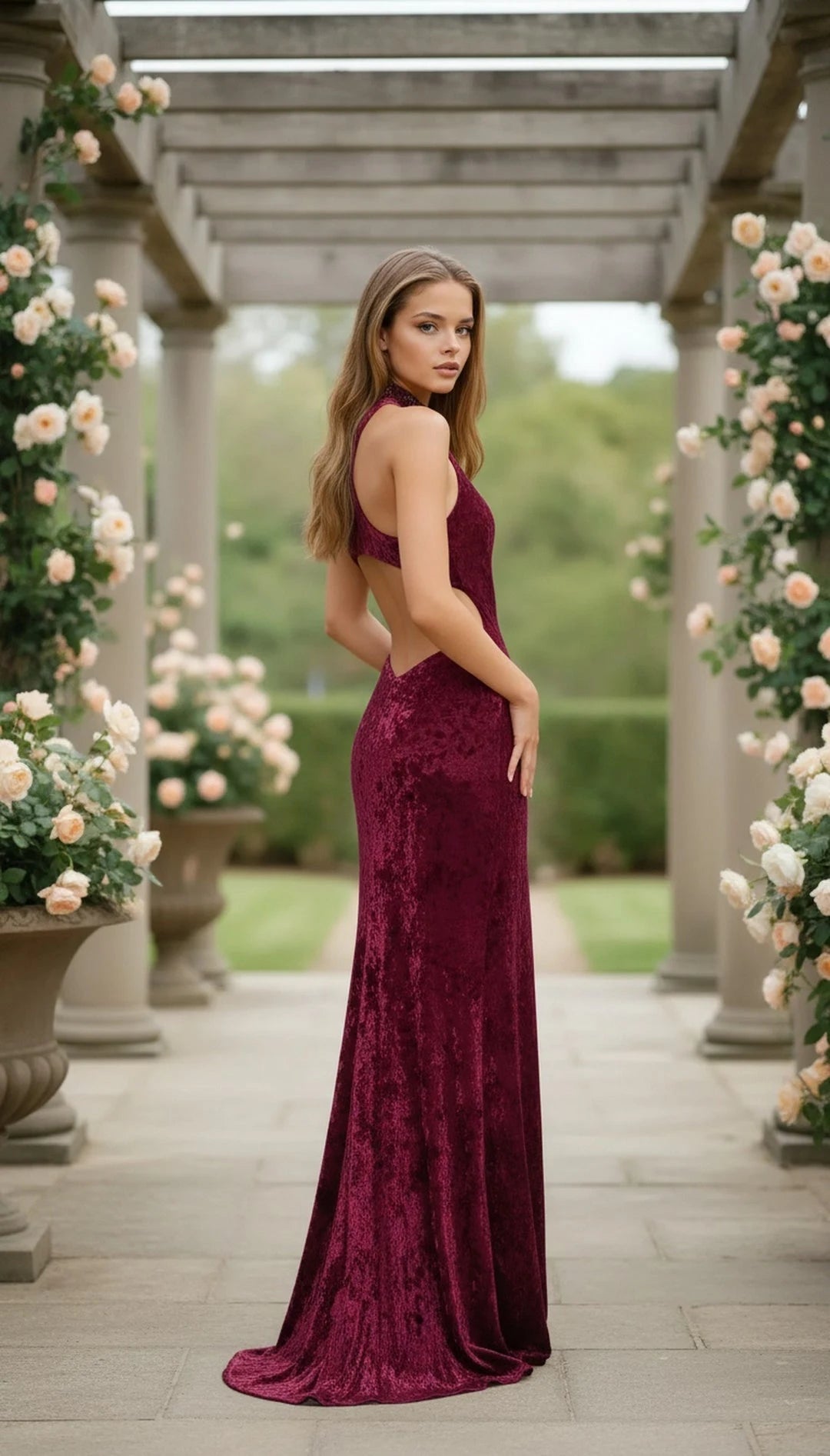 Elegant Fitted Halter Sleeveless Backless Slit Burgundy Maxi Prom Dresses Women