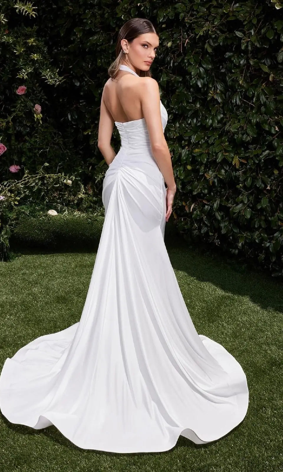 Elegant Fitted Halter Sleeveless Ruched Slit White Long Prom Dresses Women Gown