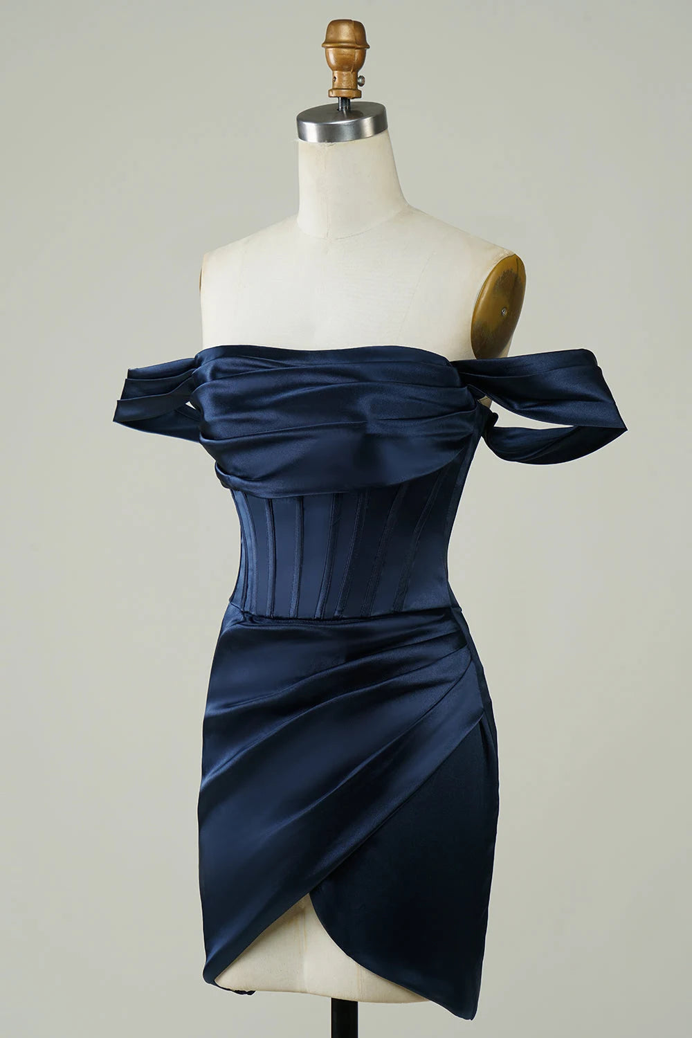 Elegant Fitted Off-Shoulder Corset Draped Navy Mini Homecoming Dress Women's