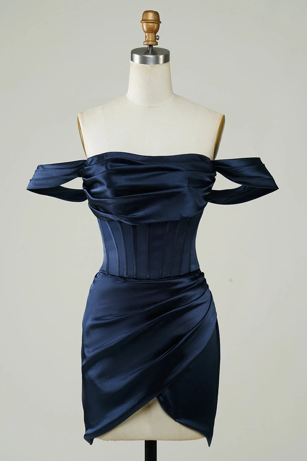 Elegant Fitted Off-Shoulder Corset Draped Navy Mini Homecoming Dress Women's