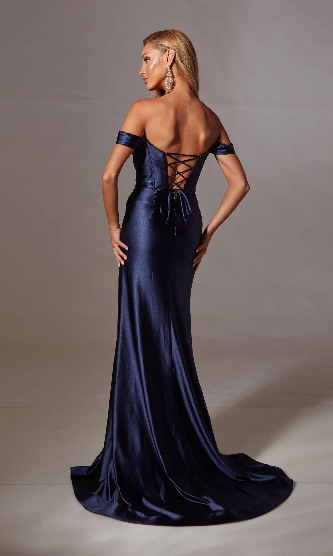 Elegant Fitted Off-Shoulder Sleeveless Corset Slit Navy Long Prom Dresses Women